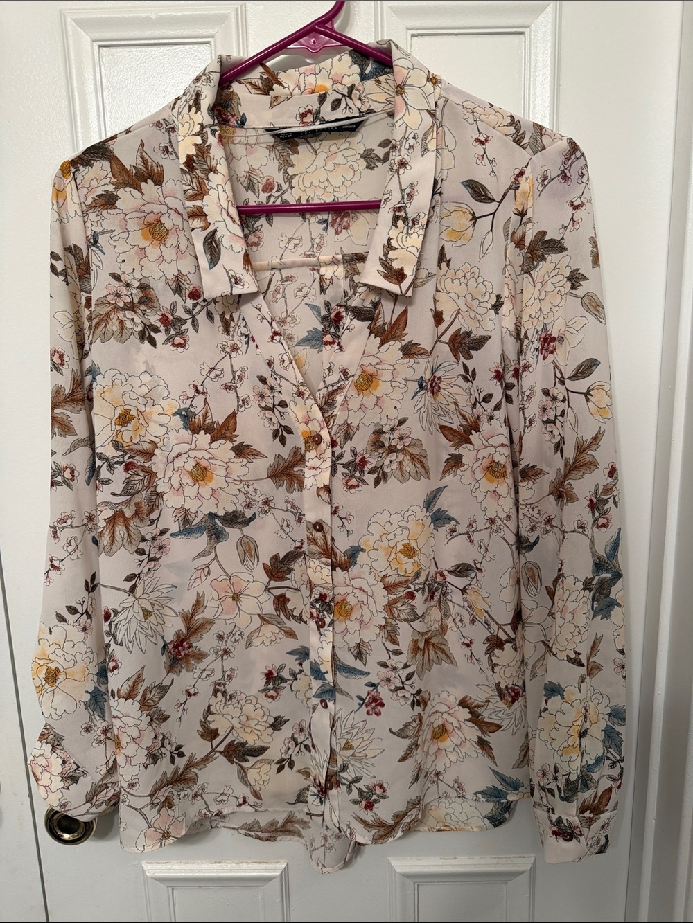 Zara Cream Floral Button-Down Blouse